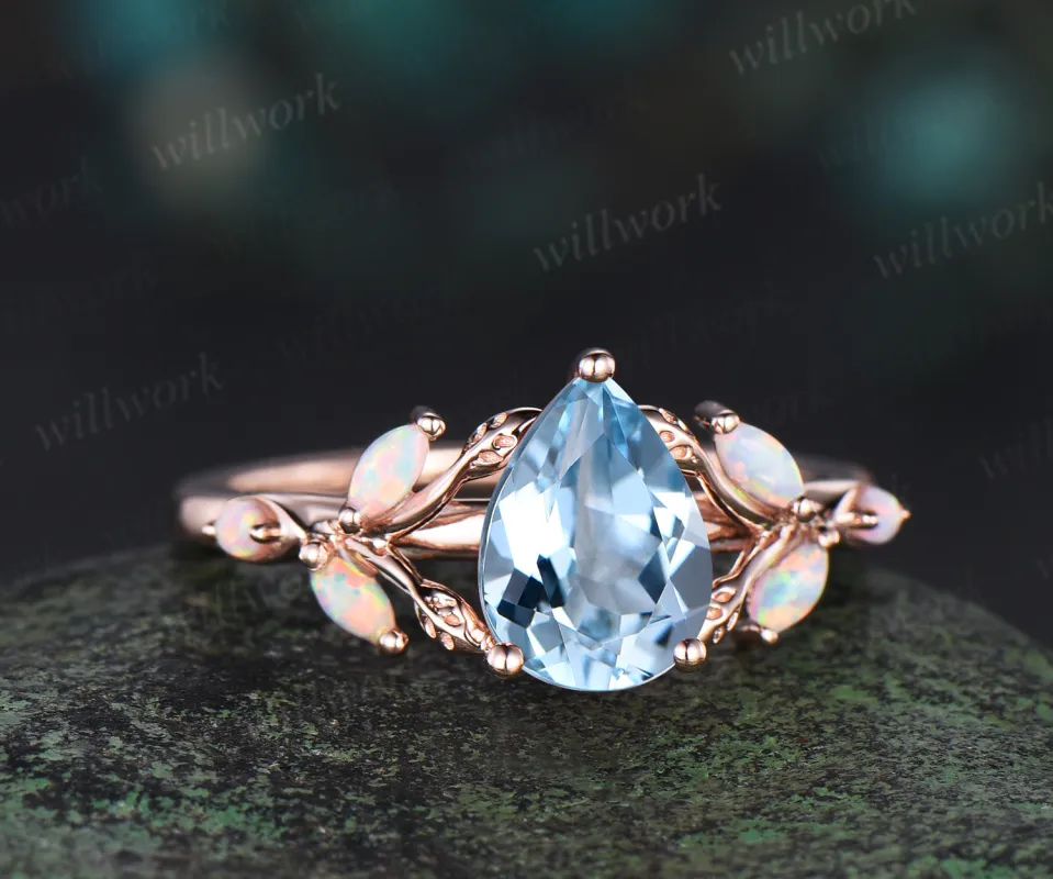 Pear cut aquamarine engagement ring retro 14k rose gold nature inspired leaf marquise opal ring unique wedding bridal ring women jewelry made by Willwork Jewelry