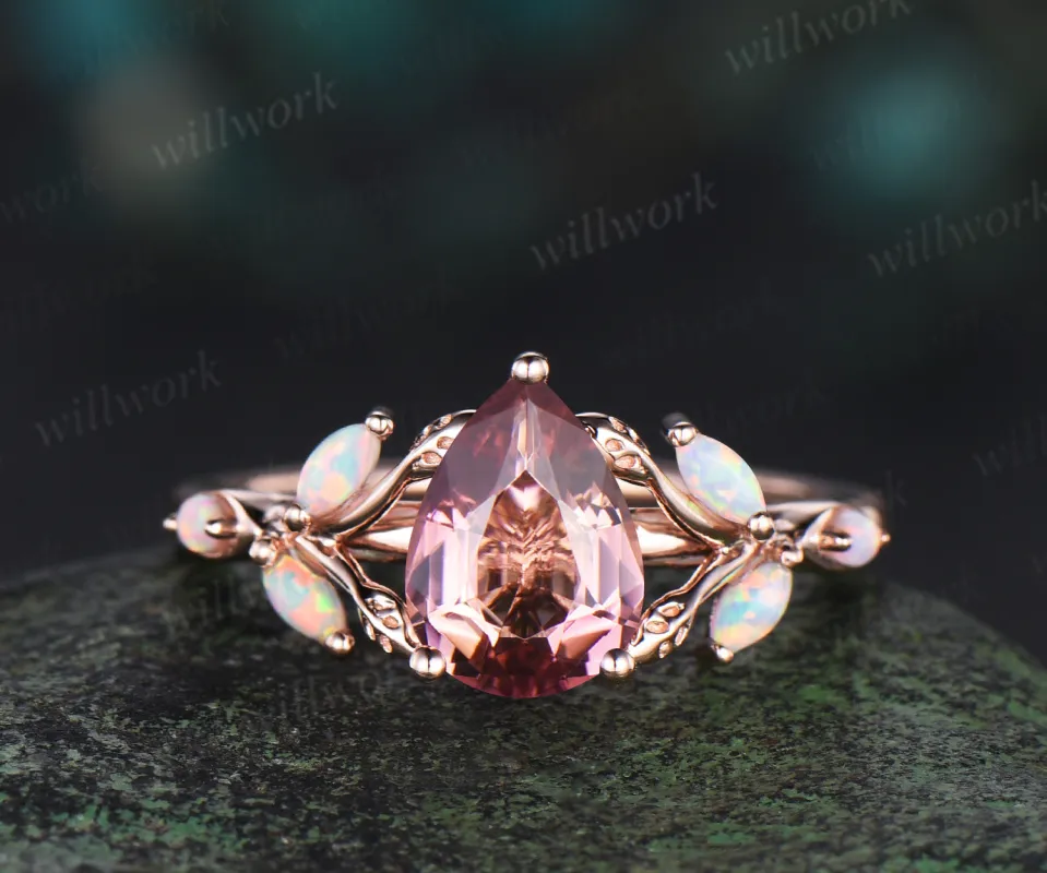 Pear cut pink Tourmaline engagement ring 14k rose gold leaf marquise opal ring antique wedding bridal ring women jewelry sold by Willwork Jewelry