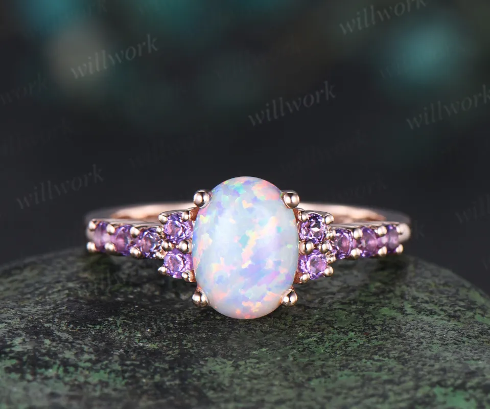 Oval white opal engagement ring vintage solid 14k rose gold half eternity amethyst ring women unique wedding anniversary ring gift sold by Willwork Jewelry