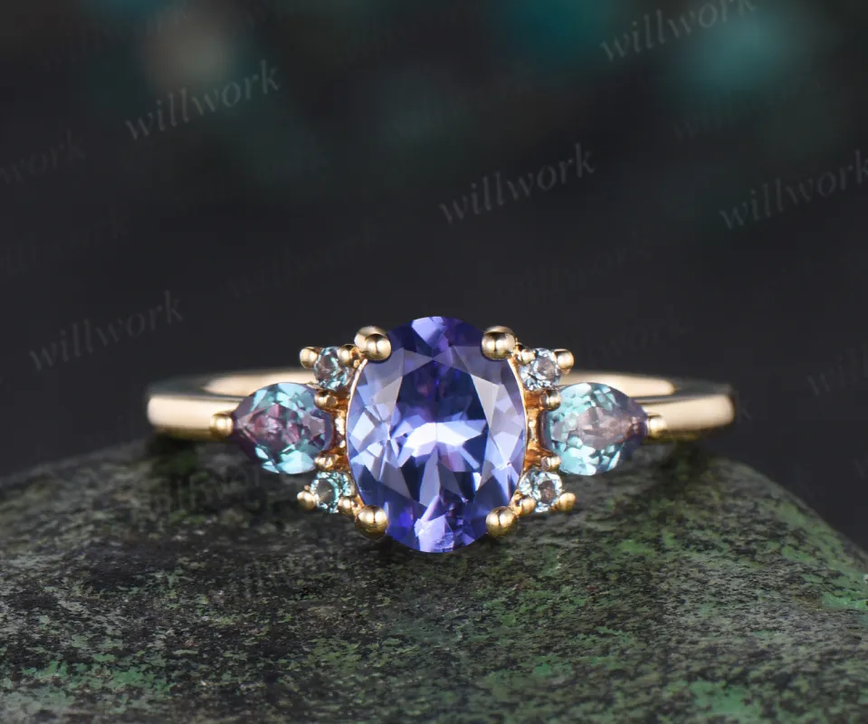 Oval Cut Natural Tanzanite Engagement Ring Cluster Pear Alexandrite Ring Unique December Birthstone Birthday Gifts Blue Gemstone Rings sold by Willwork Jewelry
