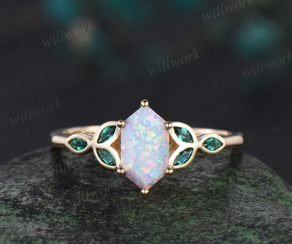 Long hexagon cut white opal ring vintage 14k yellow gold marquise leaf bezel emerald ring antique unique engagement ring women gift sold by Willwork Jewelry