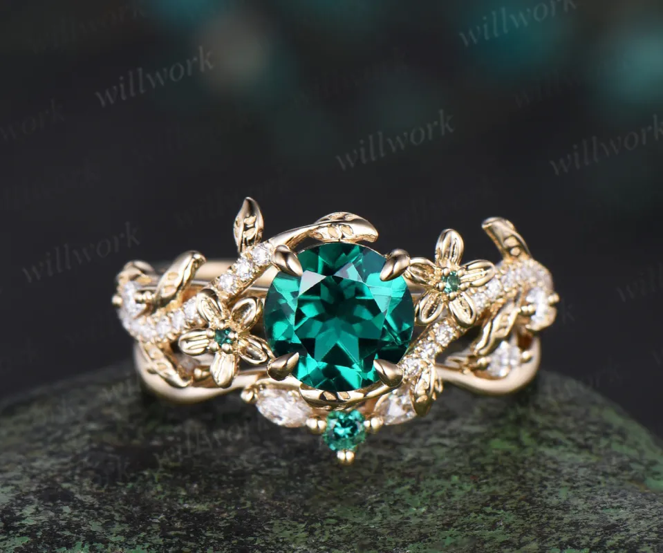 Round cut green emerald engagement ring set vintage floral diamond ring women 14k yellow gold retro branch leaf bridal ring set jewelry made by Willwork Jewelry