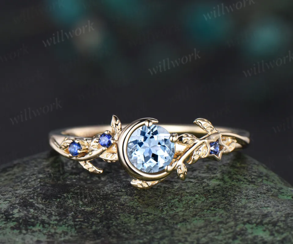 Moon Round cut aquamarine Engagement Ring 14k yellow gold leaf star sapphire ring vintage vine branch unique wedding ring women jewelry made by Willwork Jewelry
