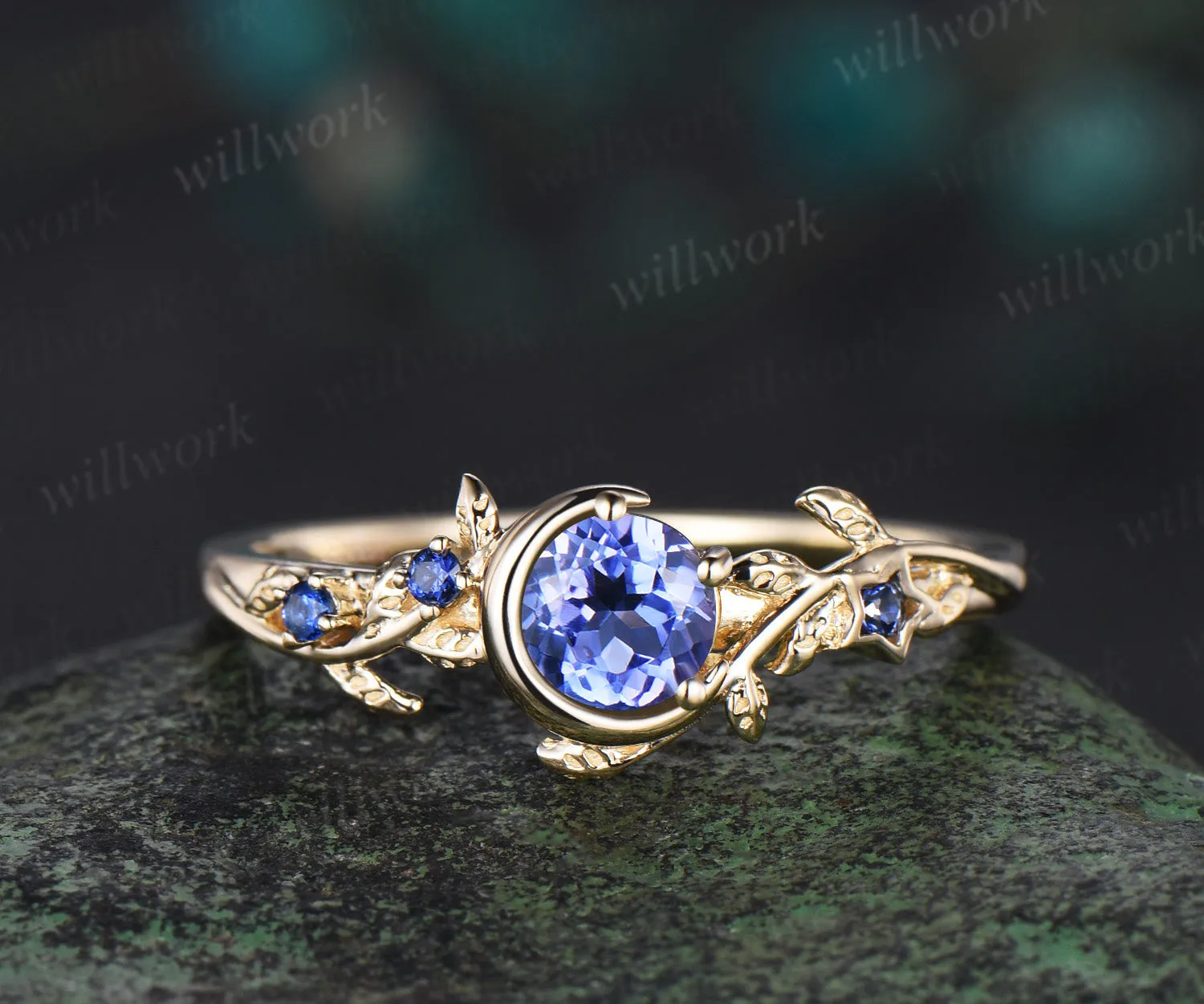 Moon Round cut natural Tanzanite Engagement Ring 14k yellow gold leaf star sapphire ring vintage vine branch unique wedding ring women jewelry sold by Willwork Jewelry