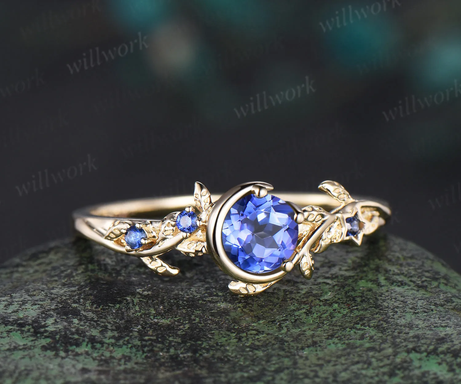 Moon Round cut natural Tanzanite Engagement Ring 14k yellow gold leaf star sapphire ring vintage vine branch unique wedding ring women jewelry sold by Willwork Jewelry product image thumbnail 2
