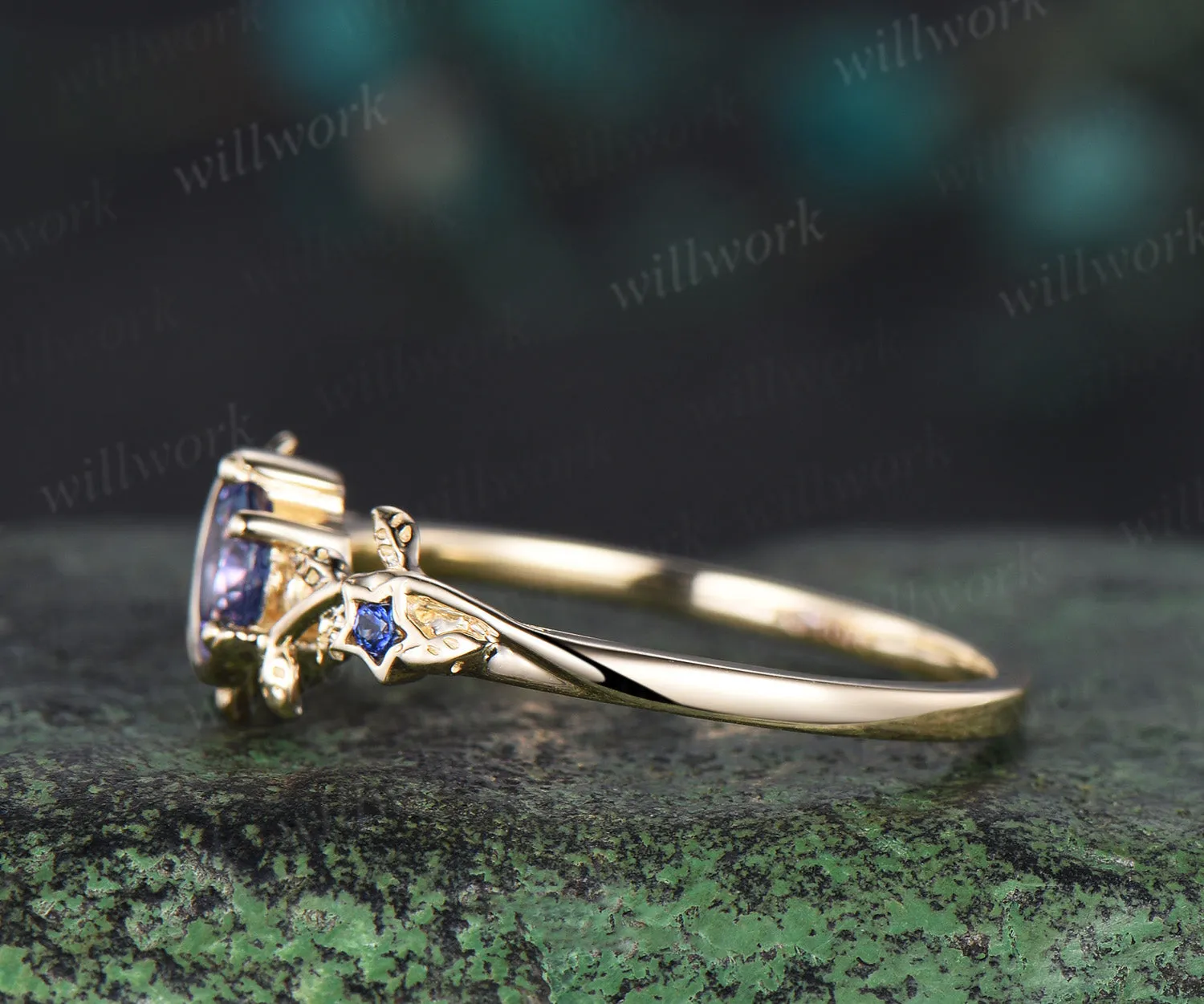 Moon Round cut natural Tanzanite Engagement Ring 14k yellow gold leaf star sapphire ring vintage vine branch unique wedding ring women jewelry sold by Willwork Jewelry product image thumbnail 4