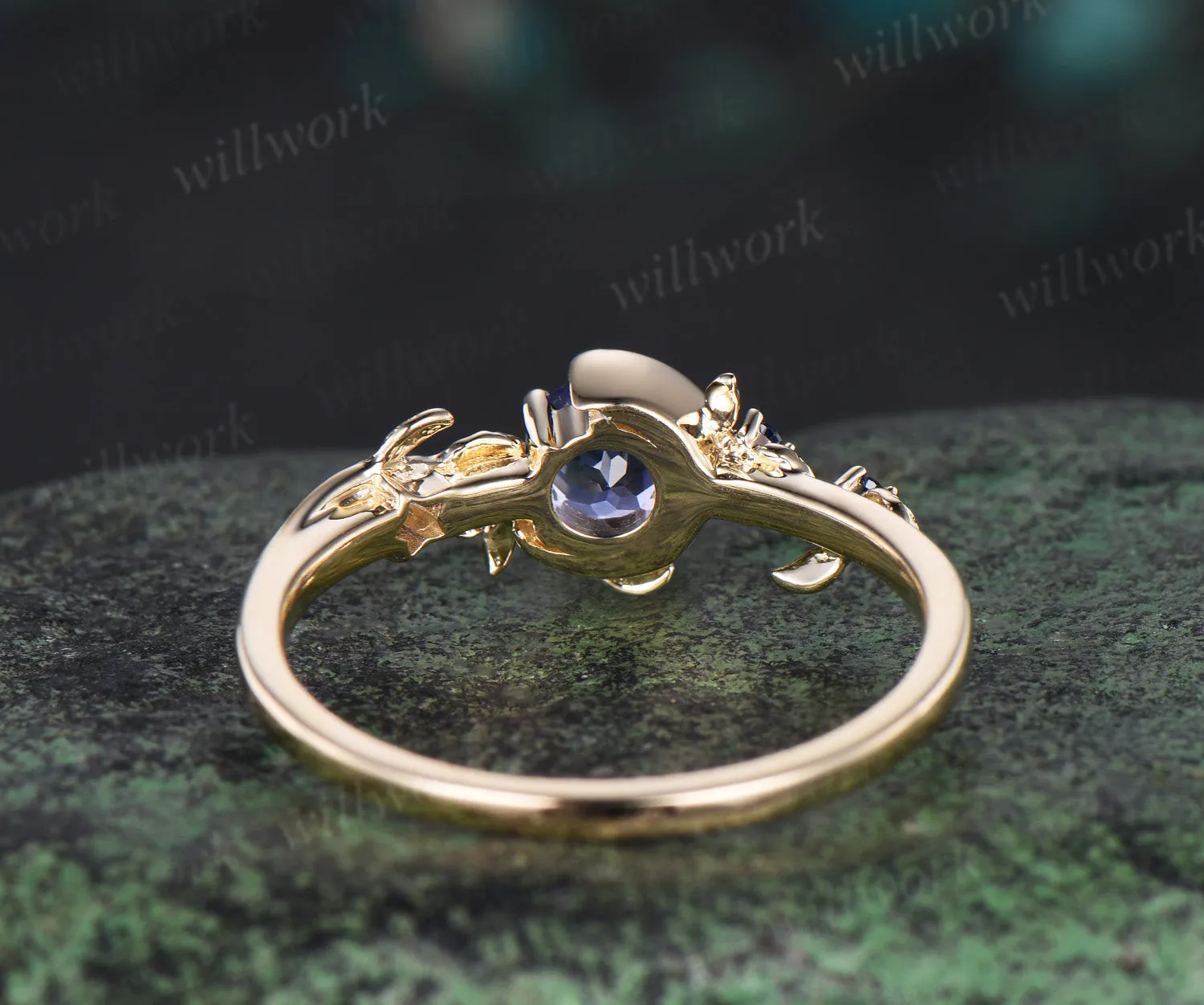 Moon Round cut natural Tanzanite Engagement Ring 14k yellow gold leaf star sapphire ring vintage vine branch unique wedding ring women jewelry sold by Willwork Jewelry product image thumbnail 5