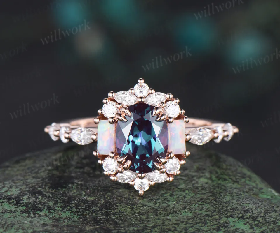 Oval cut alexandrite engagement ring halo diamond ring vintage Baguette cut opal ring rose gold women unique bridal anniversary gift jewelry sold by Willwork Jewelry