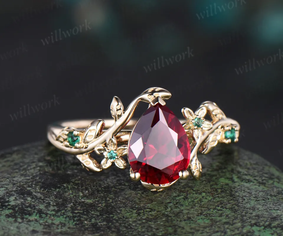 Vintage pear red ruby engagement ring five stone solid 14k yellow gold nature inspired leaf floral emerald wedding ring women gift sold by Willwork Jewelry
