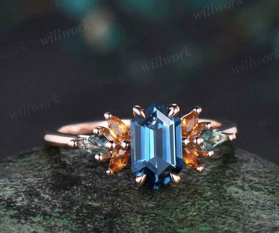 Long hexagon cut London blue topaz engagement ring rose gold cluster citrine ring women kite moss agate anniversary gift sold by Willwork Jewelry