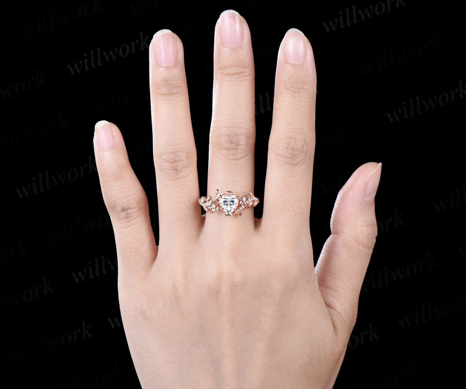 1ct Heart shaped moissanite ring vintage rose gold floral leaf engagement ring half eternity vine diamond promise wedding ring women sold by Willwork Jewelry product image thumbnail 3