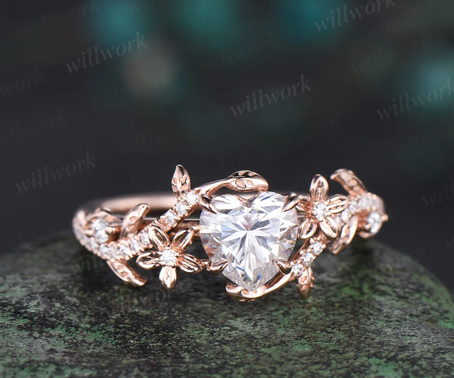 1ct Heart shaped moissanite ring vintage rose gold floral leaf engagement ring half eternity vine diamond promise wedding ring women sold by Willwork Jewelry product image thumbnail 2