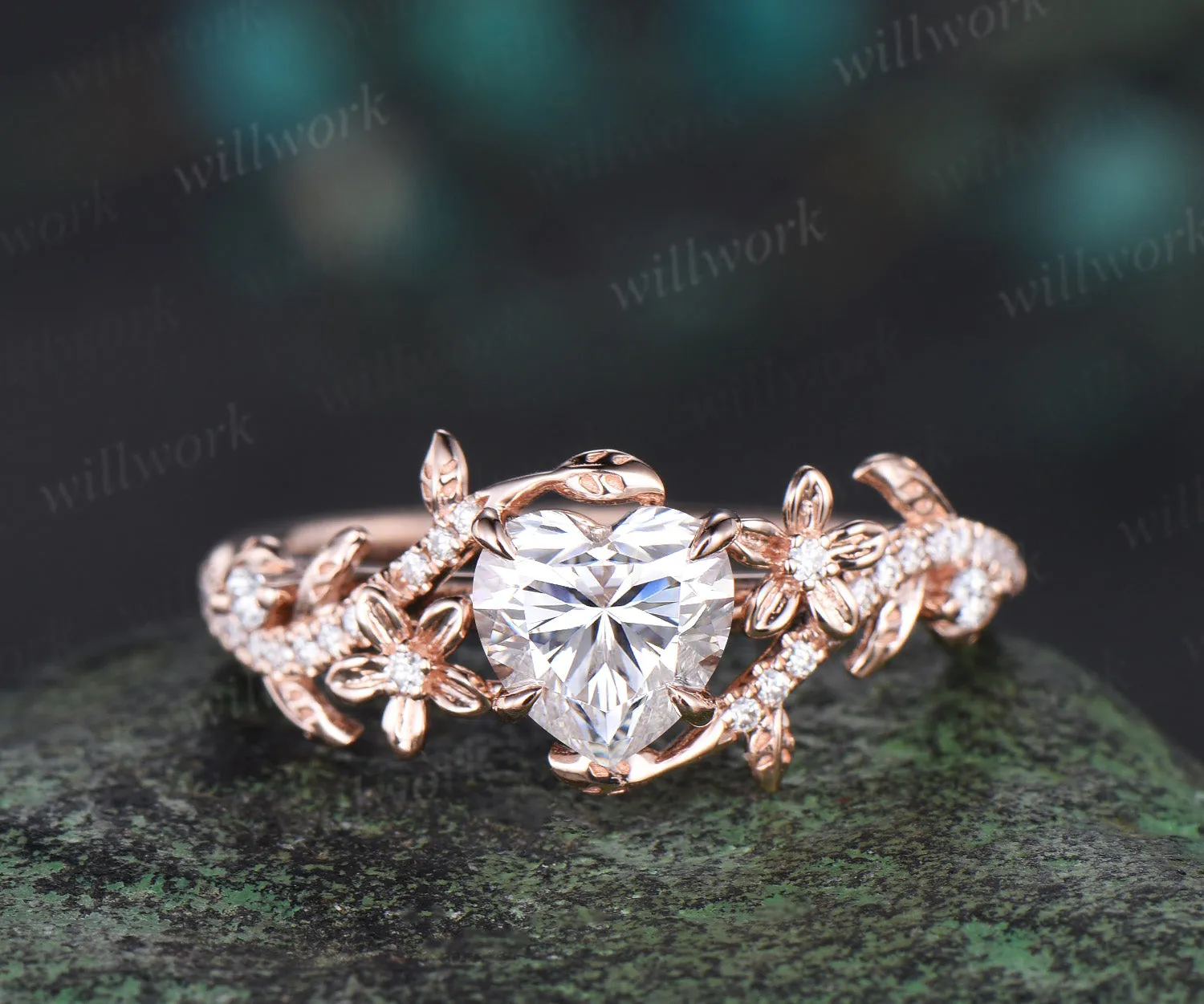 1ct Heart shaped moissanite ring vintage rose gold floral leaf engagement ring half eternity vine diamond promise wedding ring women sold by Willwork Jewelry