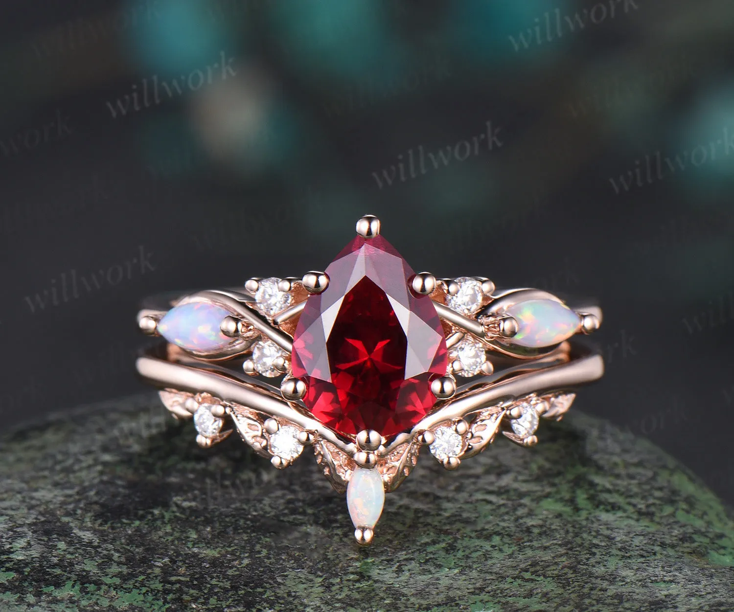 Vintage Pear Cut Ruby Engagement Ring Set 14k Rose Gold Red Gemstone July Birthstone Ruby Ring Opal Leaf Wedding Band 2pcs Bridal Ring Set sold by Willwork Jewelry