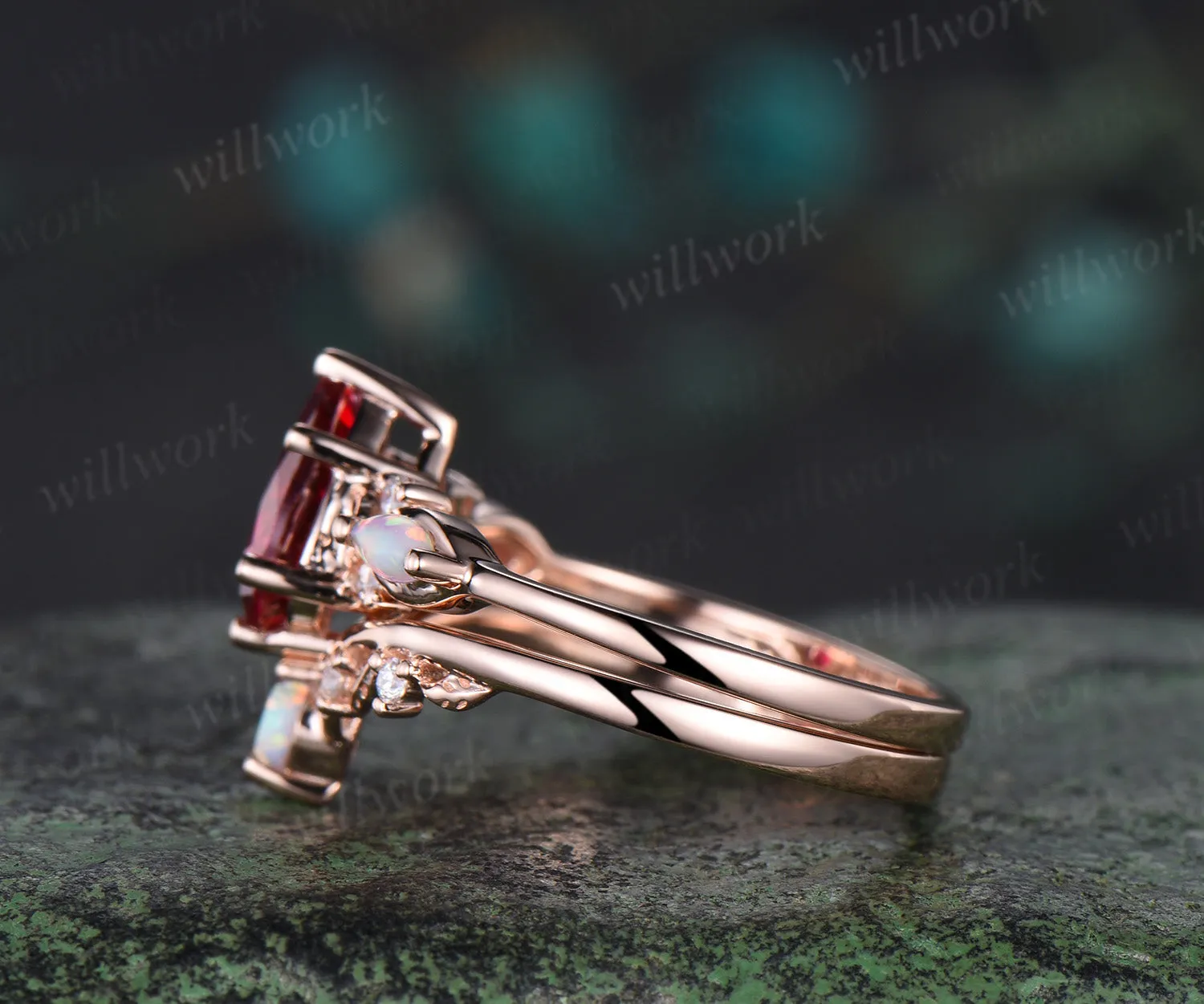 Vintage Pear Cut Ruby Engagement Ring Set 14k Rose Gold Red Gemstone July Birthstone Ruby Ring Opal Leaf Wedding Band 2pcs Bridal Ring Set sold by Willwork Jewelry product image thumbnail 4