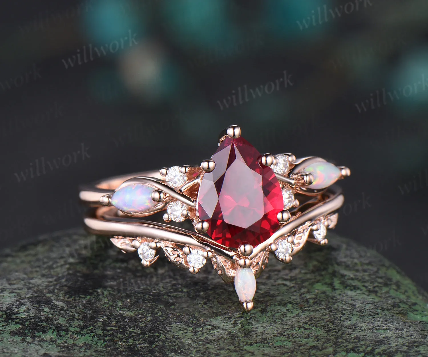 Vintage Pear Cut Ruby Engagement Ring Set 14k Rose Gold Red Gemstone July Birthstone Ruby Ring Opal Leaf Wedding Band 2pcs Bridal Ring Set sold by Willwork Jewelry product image thumbnail 2