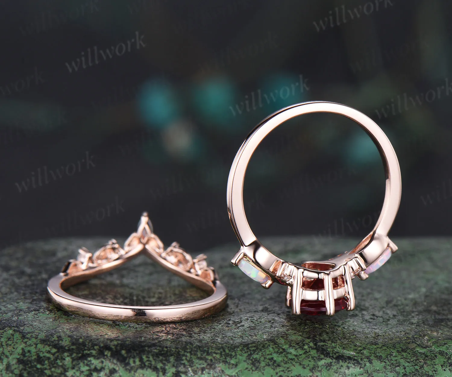 Vintage Pear Cut Ruby Engagement Ring Set 14k Rose Gold Red Gemstone July Birthstone Ruby Ring Opal Leaf Wedding Band 2pcs Bridal Ring Set sold by Willwork Jewelry product image thumbnail 5