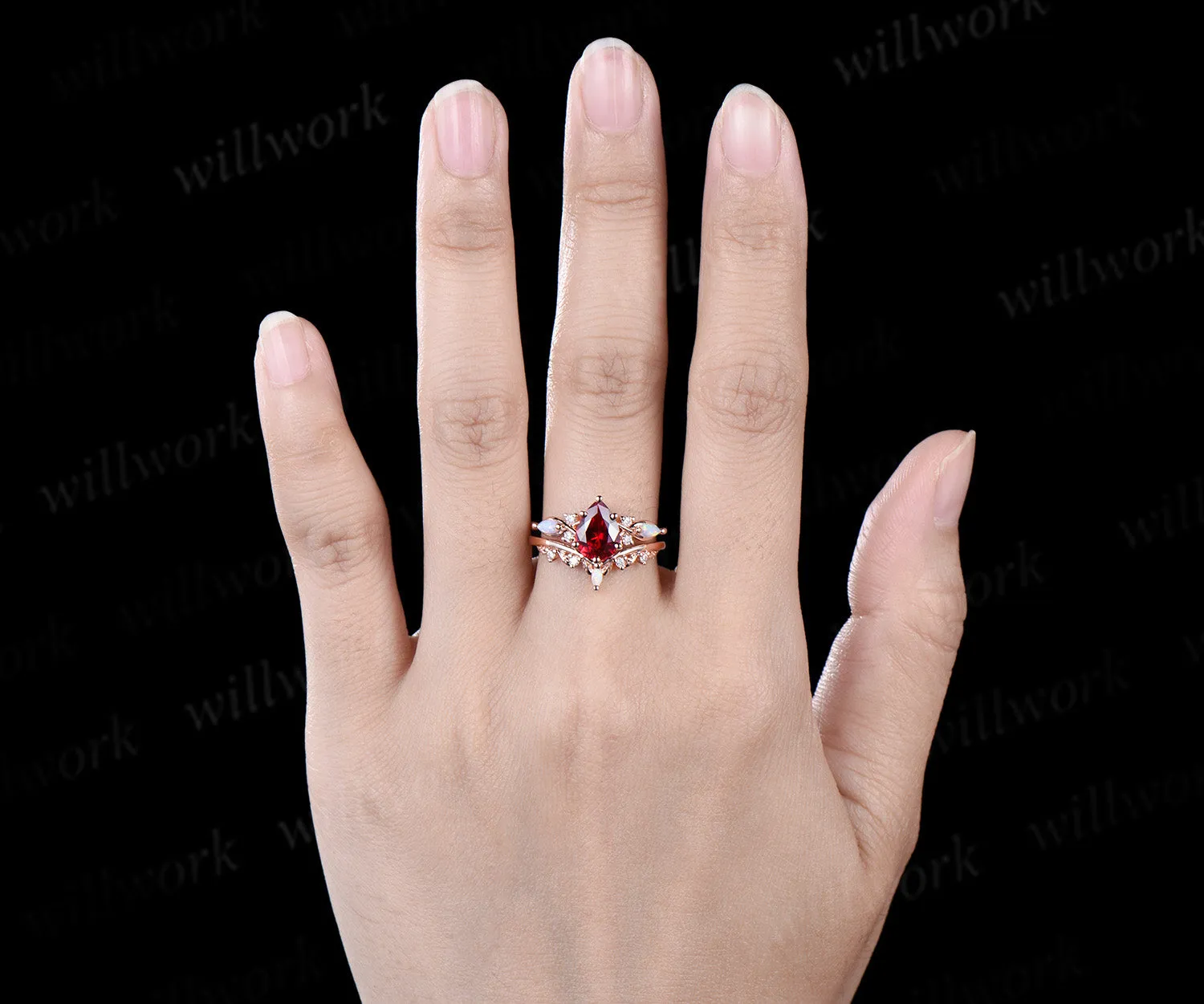 Vintage Pear Cut Ruby Engagement Ring Set 14k Rose Gold Red Gemstone July Birthstone Ruby Ring Opal Leaf Wedding Band 2pcs Bridal Ring Set sold by Willwork Jewelry product image thumbnail 3