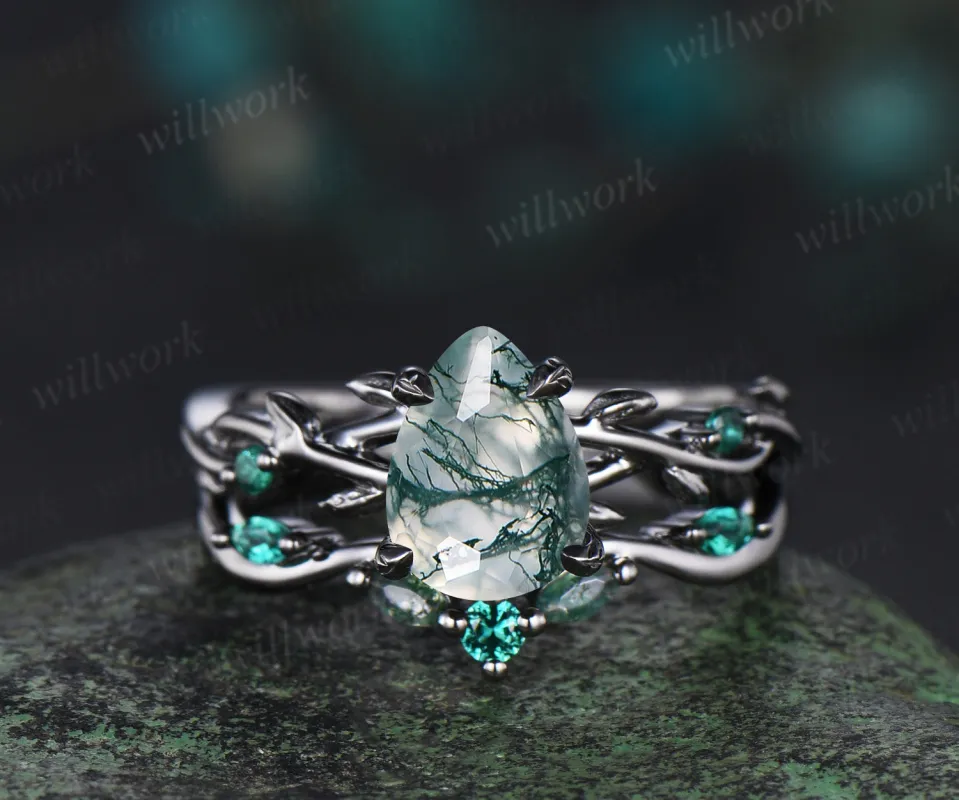 14K Black Gold Natural Green Moss Agate Emerald Engagement Ring Set Twig Vine Pear Moss Agate Wedding Ring Goth Black Promise Rings Anniversary gift sold by Willwork Jewelry