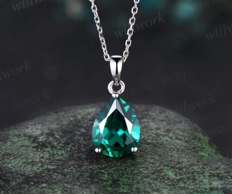 Pear cut green emerald necklace 14k white gold vintage unique Personalized Solitaire pendant women her anniversary bridal gift mother sold by Willwork Jewelry