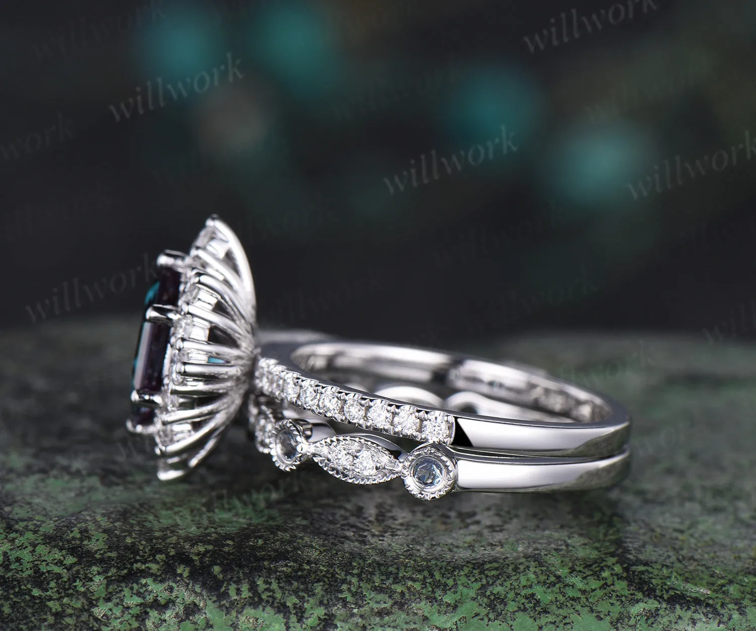 Hexagon cut Alexandrite engagement ring set vintage milgrain halo diamond ring women half eternity snowdrift moissanite bridal ring set sold by Willwork Jewelry product image thumbnail 4
