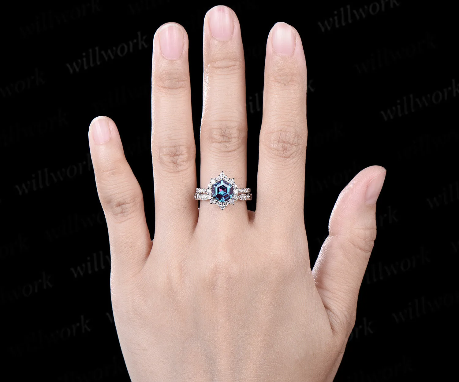 Hexagon cut Alexandrite engagement ring set vintage milgrain halo diamond ring women half eternity snowdrift moissanite bridal ring set sold by Willwork Jewelry product image thumbnail 3