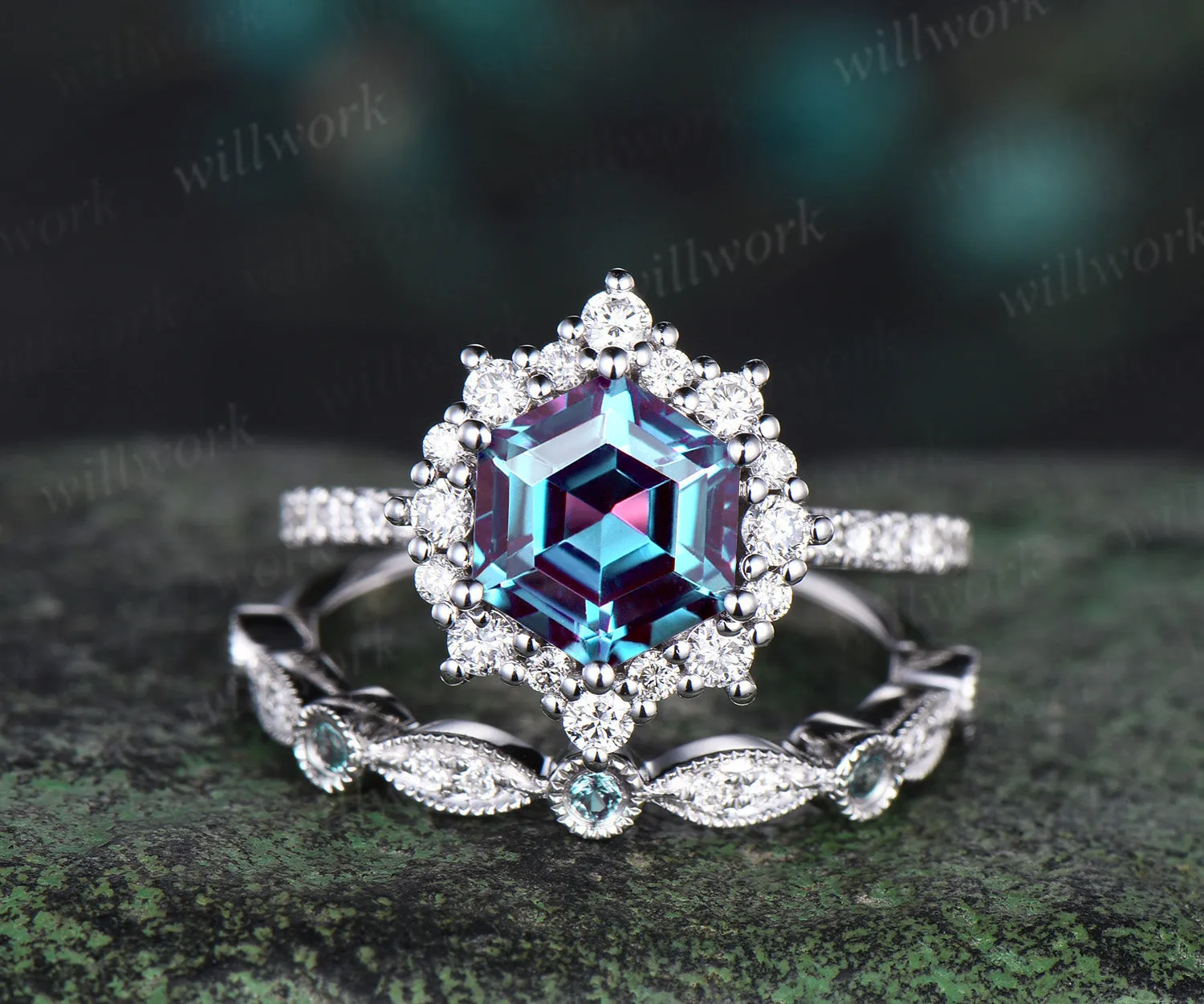 Hexagon cut Alexandrite engagement ring set vintage milgrain halo diamond ring women half eternity snowdrift moissanite bridal ring set sold by Willwork Jewelry