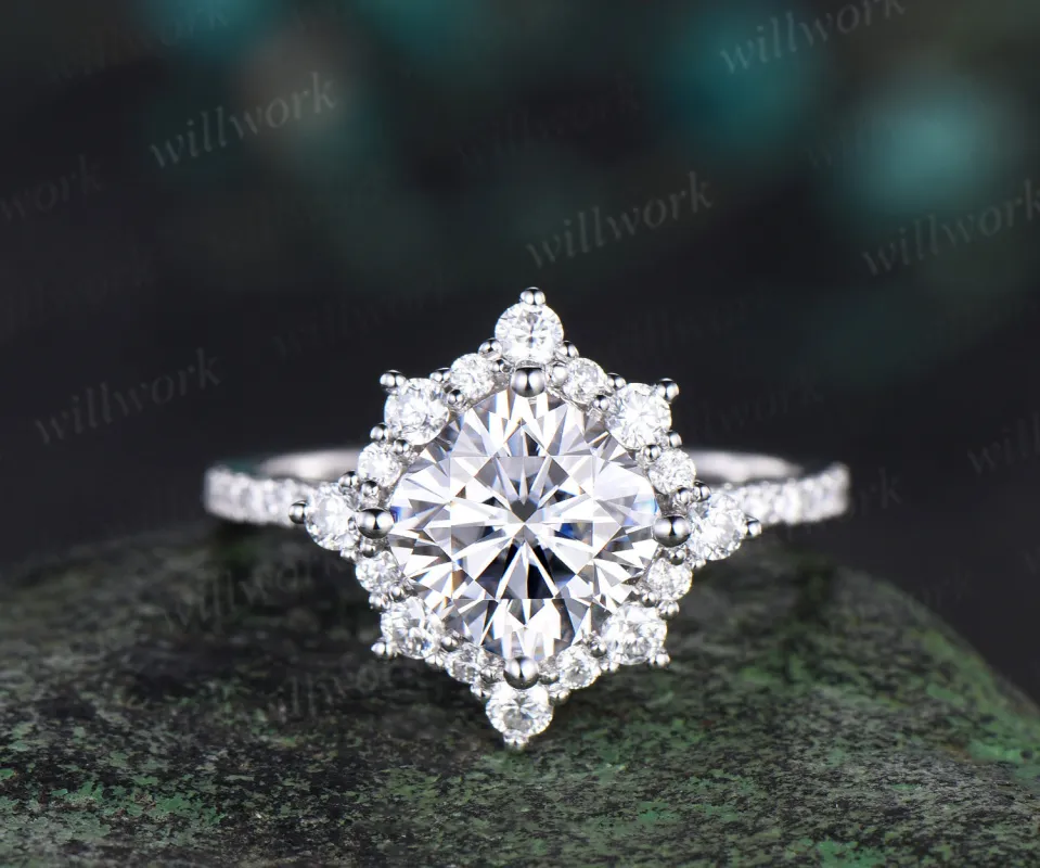 Cushion cut moissanite engagement ring solid 14k white gold half eternity snowdrift halo diamond promise wedding ring women jewelry sold by Willwork Jewelry