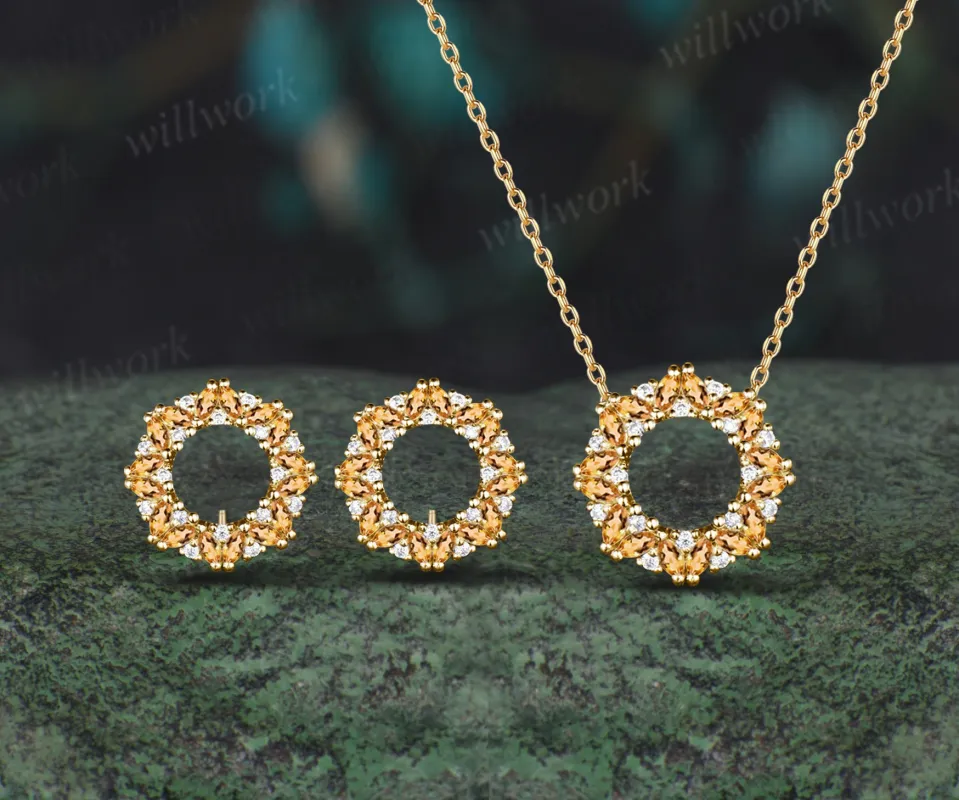 Christmas Wreath Marquise Citrine Necklace Earrings Set Stud Moissanite Pendant Eardrop Earrings sold by Willwork Jewelry