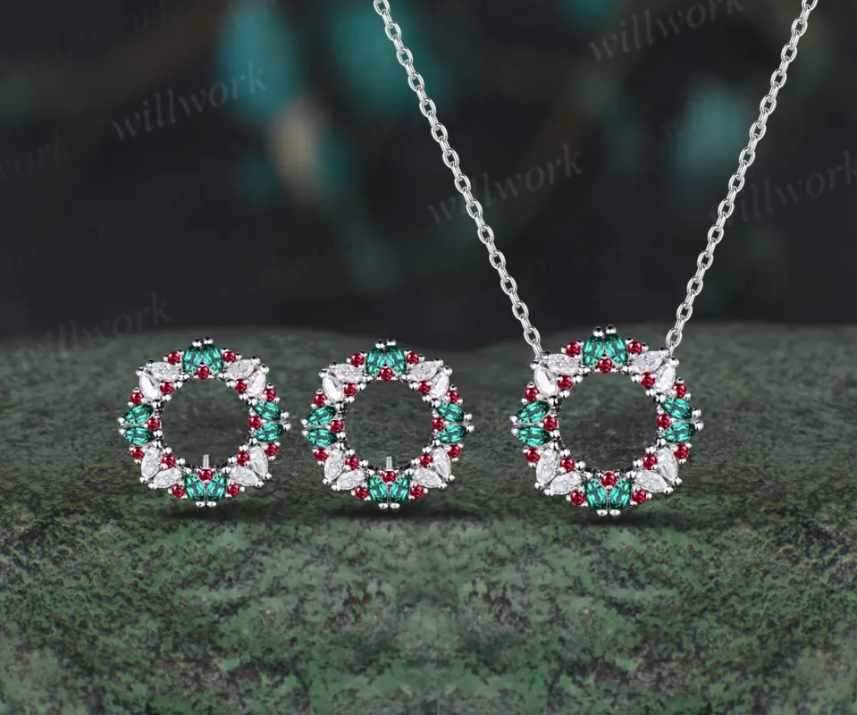 Wreath Marquise Emerald Moissanite Earrings Necklace Set Stud Ruby Pendant Eardrop Earring Christmas sold by Willwork Jewelry