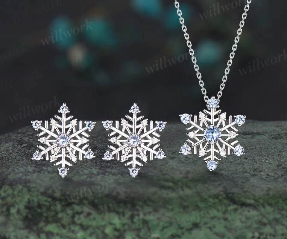 Christmas Snowflake Necklace Earrings Set Christmas Atmosphere Jewelry with a snow blue topaz Christmas Eve Jewelry Gifts for her made by Willwork Jewelry