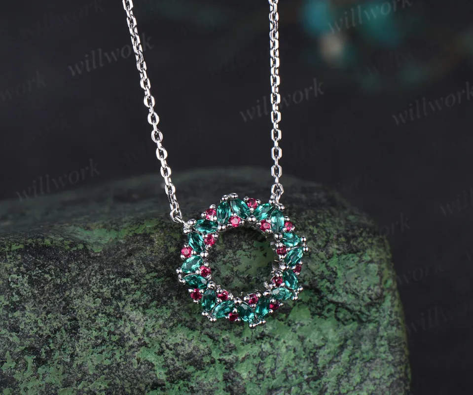 Wreath Marquise Emerald Necklace 14k White Gold Stud Moissanite Ruby Pendant Christmas Gift For Her made by Willwork Jewelry