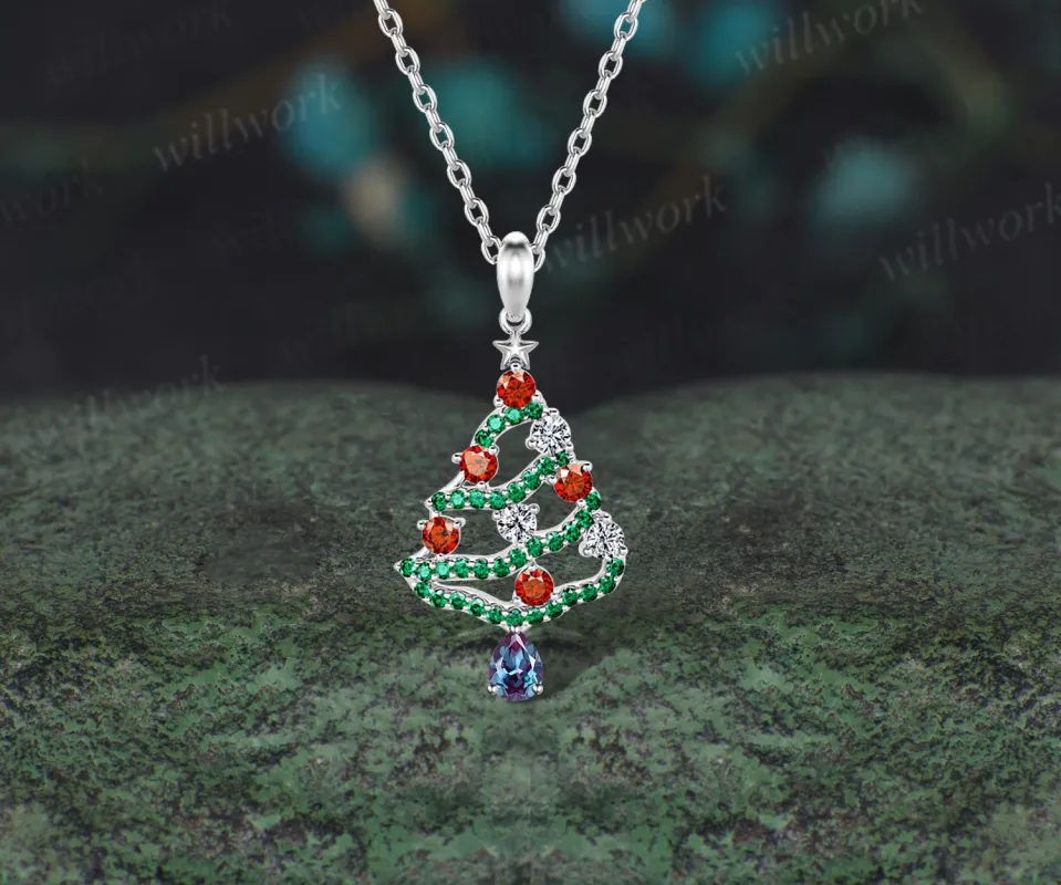 Pear Cut Alexandrite Necklace Ruby Emerald Moissanite Christmas Tree Pendant Xmas Gift for Women made by Willwork Jewelry