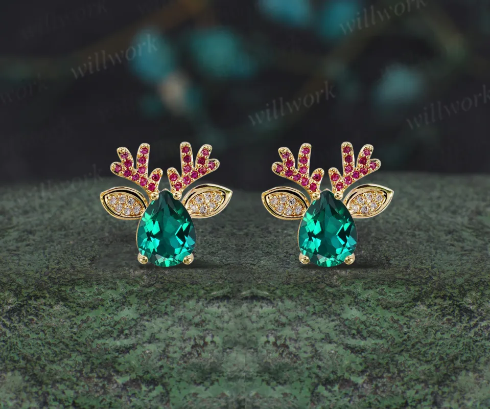 Christmas Deer Pear-cut Emerald Earrings 14k Yellow gold Ruby Moissanite Earrings Jewelry Xmas Gift for Her sold by Willwork Jewelry