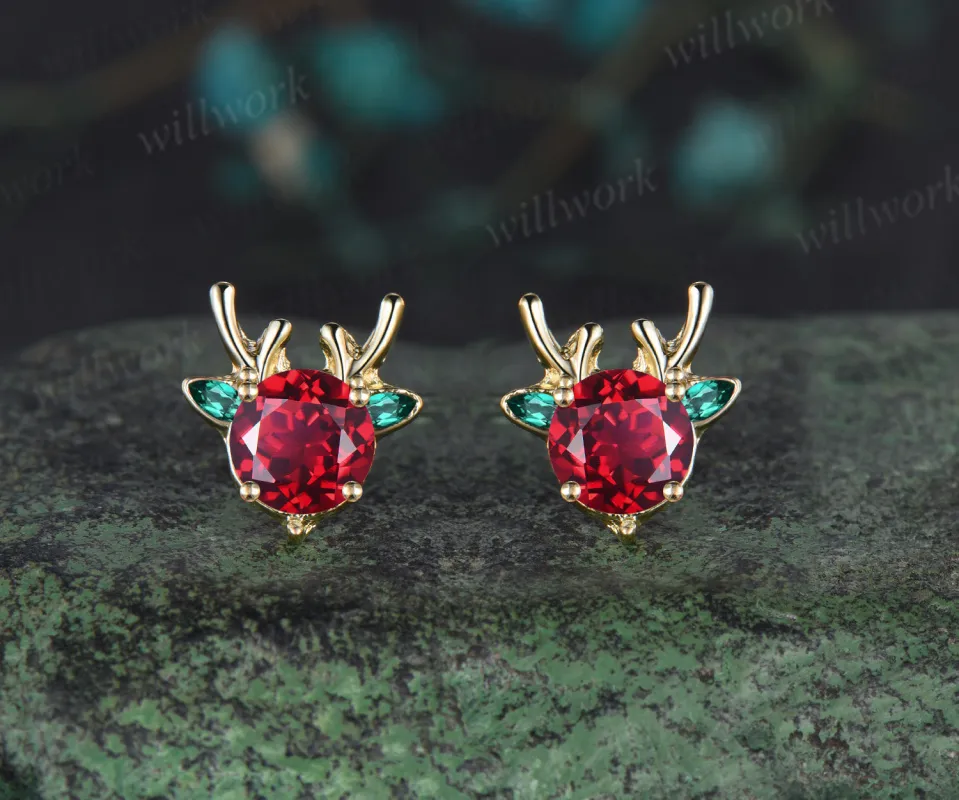 Christmas Deer Round Ruby Earrings 14k Yellow gold Emerald Earrings Jewelry Xmas Gift for Her sold by Willwork Jewelry