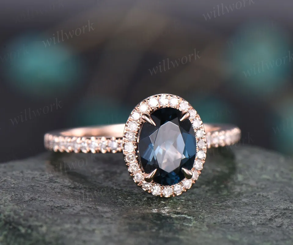 Oval shaped London blue topaz engagement ring rose gold ring for women diamond halo ring tapaz ring jewelry vintage unique bridal ring gift sold by Willwork Jewelry