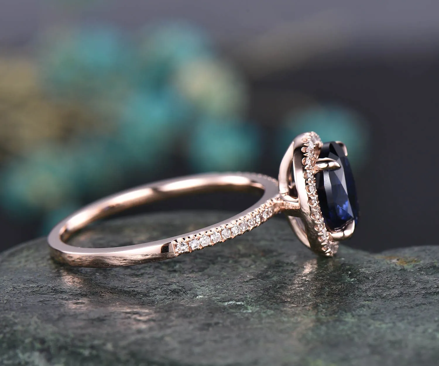 7x9mm oval blue sapphire engagement ring 14k rose gold real diamond ring Lab sapphire ring September birthstoner ring anniversary gift sold by Willwork Jewelry product image thumbnail 3
