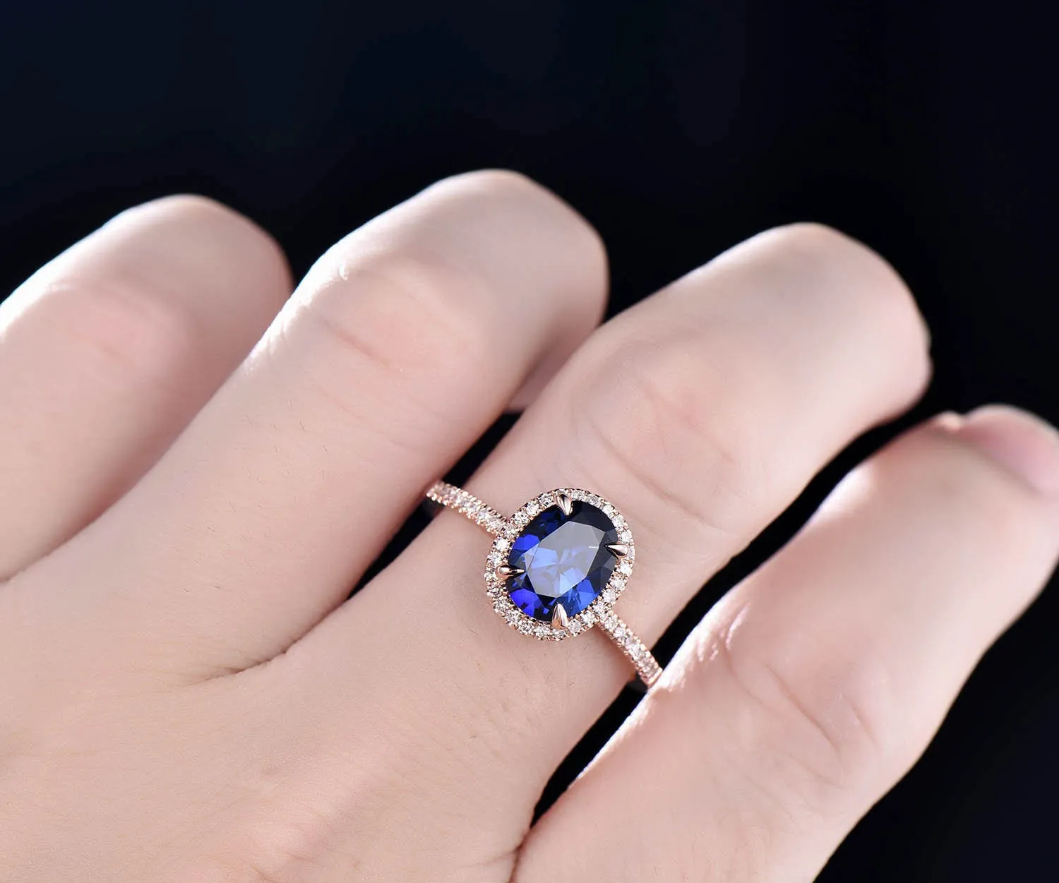 7x9mm oval blue sapphire engagement ring 14k rose gold real diamond ring Lab sapphire ring September birthstoner ring anniversary gift sold by Willwork Jewelry product image thumbnail 5
