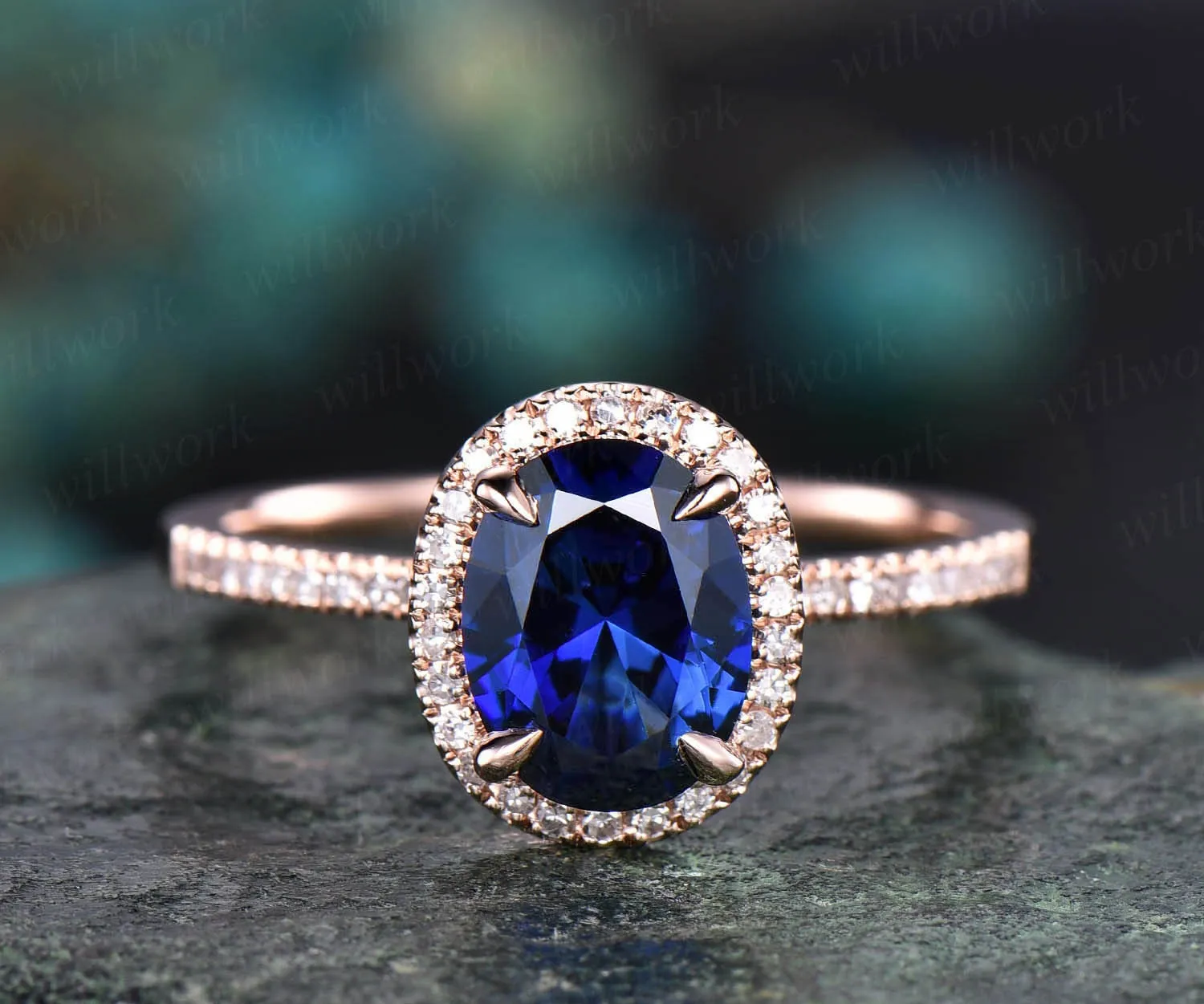 7x9mm oval blue sapphire engagement ring 14k rose gold real diamond ring Lab sapphire ring September birthstoner ring anniversary gift sold by Willwork Jewelry