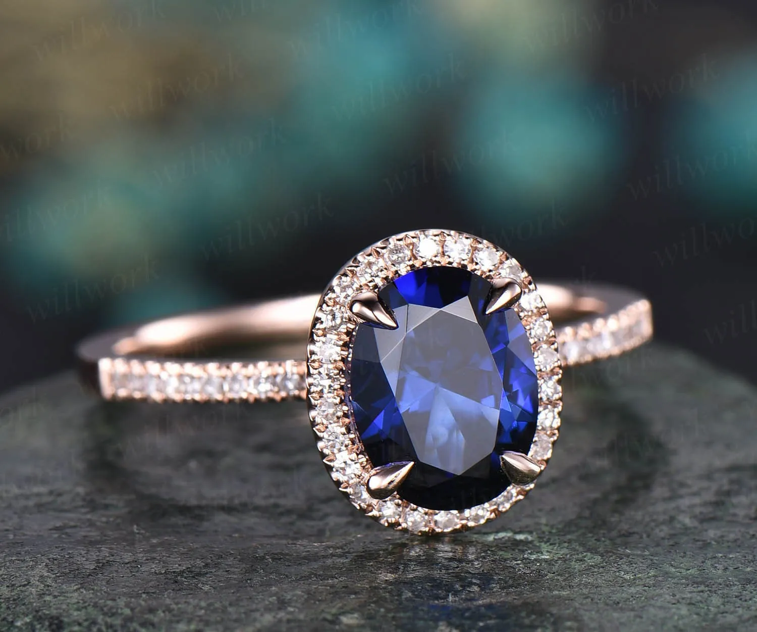 7x9mm oval blue sapphire engagement ring 14k rose gold real diamond ring Lab sapphire ring September birthstoner ring anniversary gift sold by Willwork Jewelry product image thumbnail 2