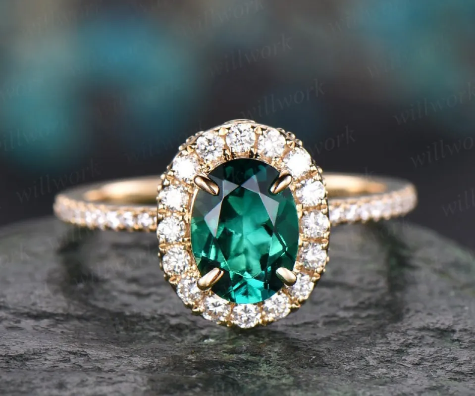 Green emerald engagement ring solid 14k yellow gold real diamond ring moissanite halo ring May birthstone oval vintage weddig promise ring sold by Willwork Jewelry
