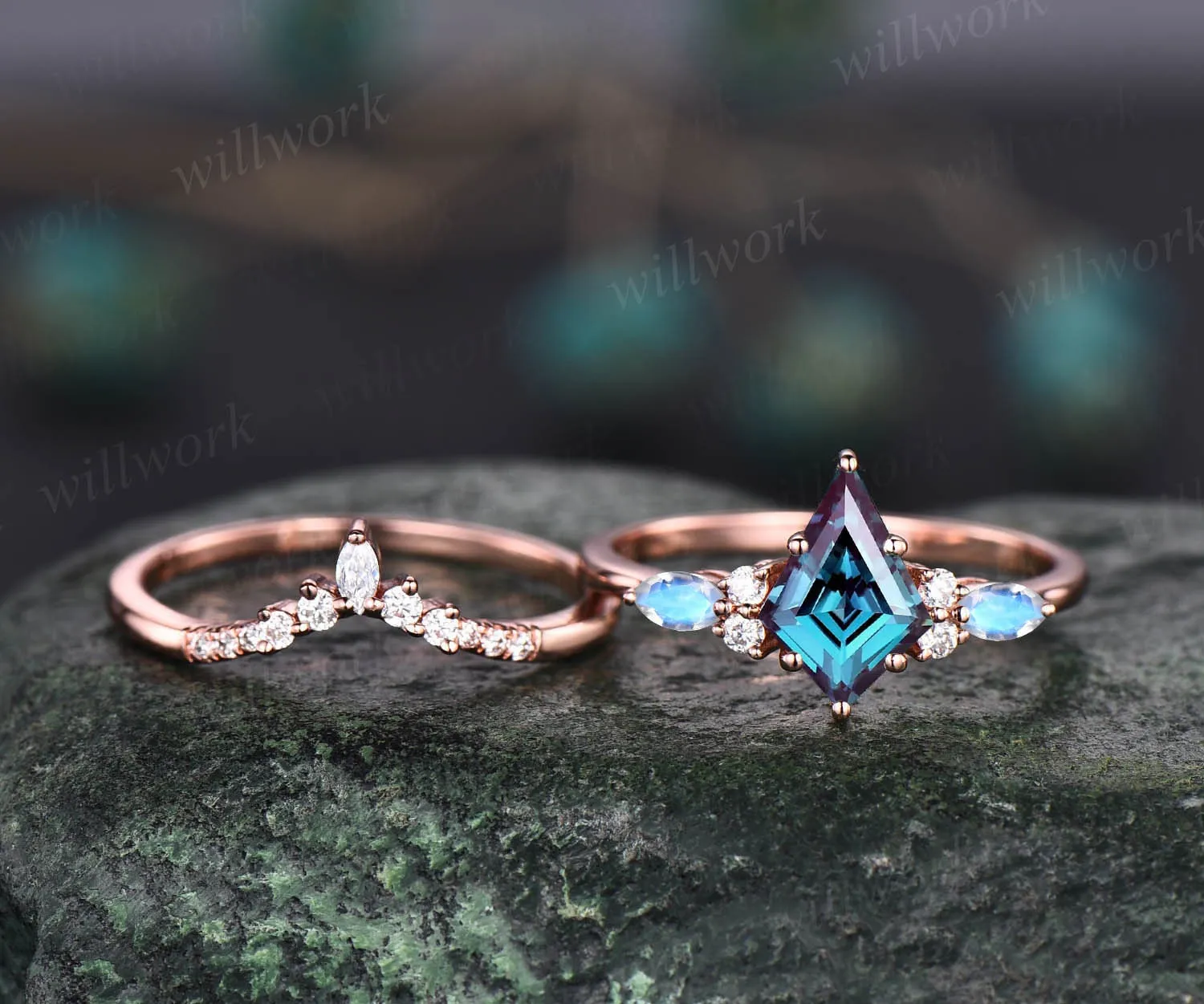 Kite cut Alexandrite ring white gold moonstone vintage unique engagement ring set women 6 prong stacking retro anniversary ring gift sold by Willwork Jewelry product image thumbnail 4