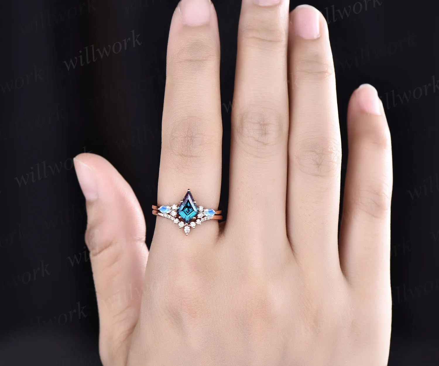Kite cut Alexandrite ring white gold moonstone vintage unique engagement ring set women 6 prong stacking retro anniversary ring gift sold by Willwork Jewelry product image thumbnail 5