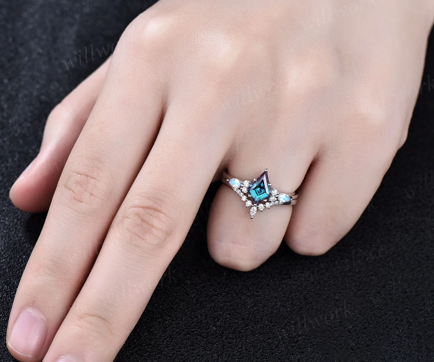 Kite cut Alexandrite ring white gold moonstone vintage unique engagement ring set women 6 prong stacking retro anniversary ring gift sold by Willwork Jewelry product image thumbnail 2