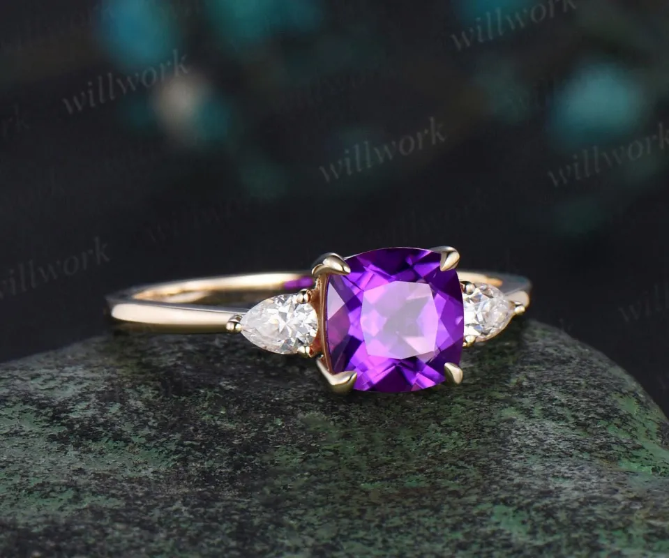 Cushion cut purple amethyst engagement ring solid 14k yellow gold claw prong three stone pear diamond promise anniversary ring women sold by Willwork Jewelry
