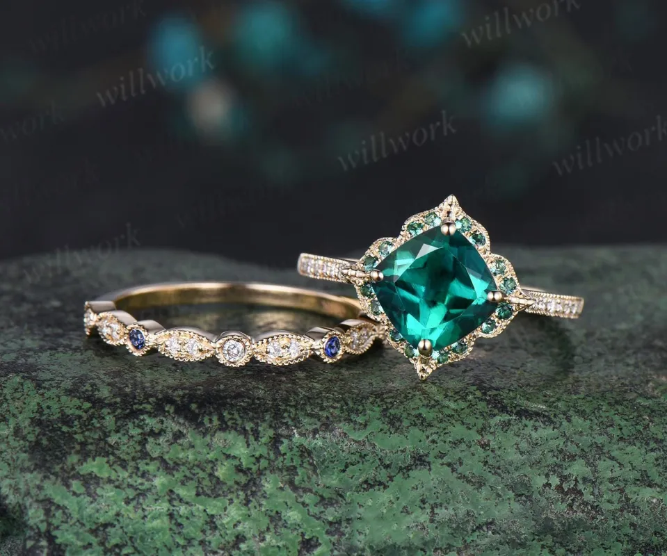 Cushion cut emerald engagement ring set vintage yellow gold art deco Milgrain half eternity sapphire halo diamond promise wedding ring women sold by Willwork Jewelry