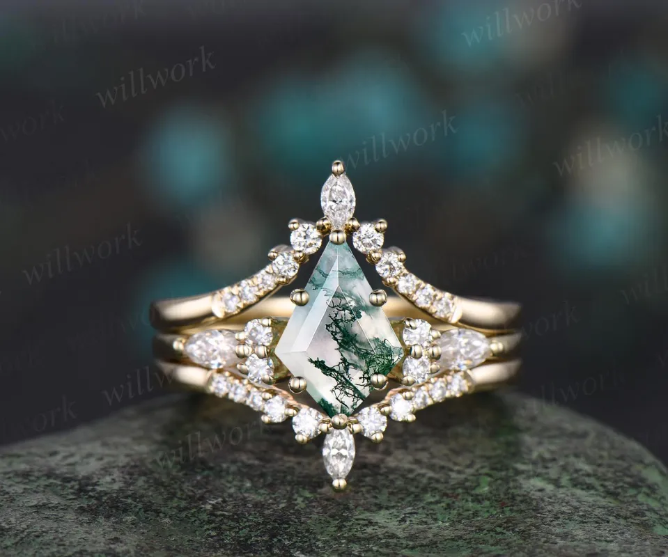 Kite cut natural moss agate ring solid 14k yellow gold 3pc unique engagement ring set women dainty diamond anniversary ring gift sold by Willwork Jewelry
