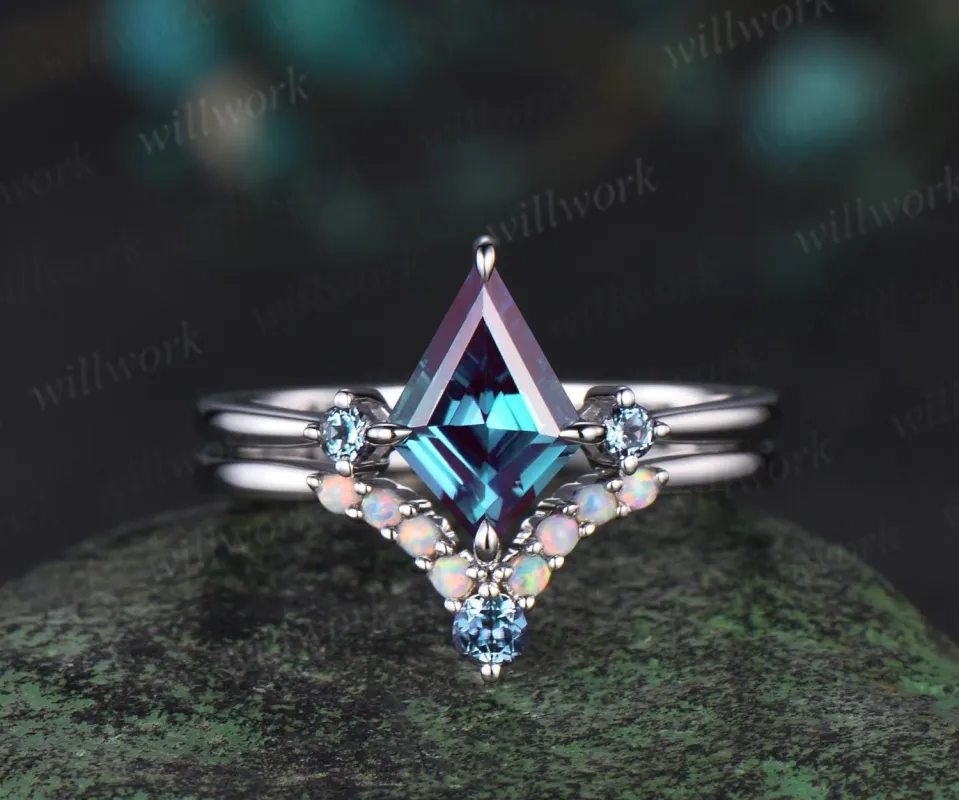 Kite cut Alexandrite ring minimalist vintage white gold three stone unique engagement ring set women stacking opal bridal set gift jewelry sold by Willwork Jewelry