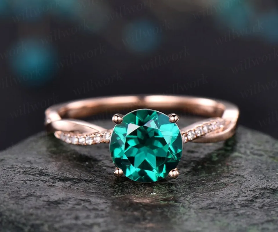 7mm round cut emerald engagement ring solid 14k rose gold twisted real dianond ring May birthstone emerald ring bridal wedding promise ring sold by Willwork Jewelry