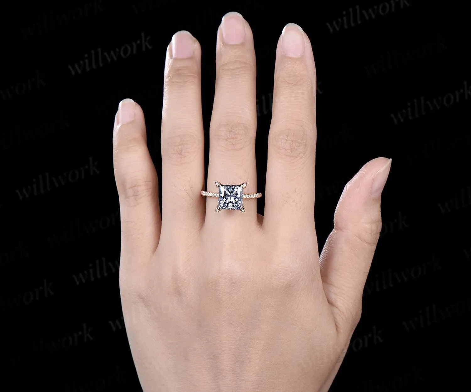 Vintage princess cut gray moissanite engagement ring yellow gold pyramid under halo basket diamond ring women unique promise ring jewelry sold by Willwork Jewelry product image thumbnail 3